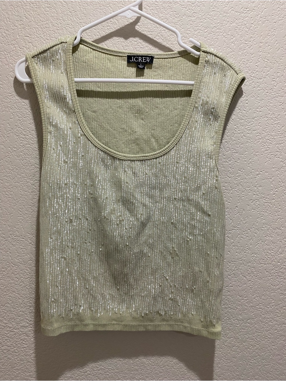 J. Crew Pale Green Metallic Ribbed Scoop Neck Sleeveless Tank Sequin Large